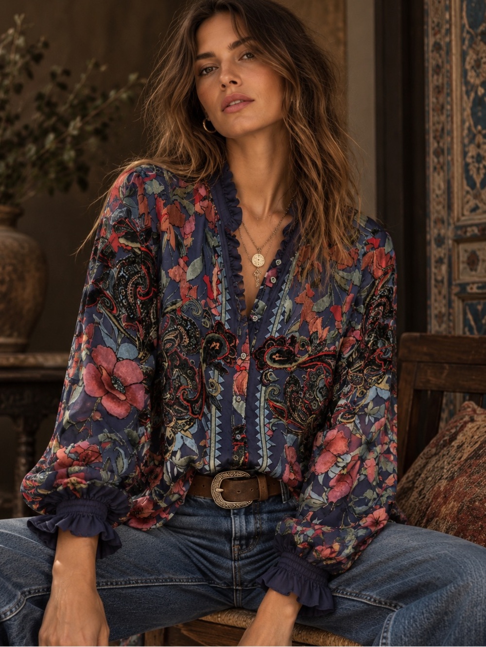Johnny Was Floral Paisley Embroidered Boho Blouse